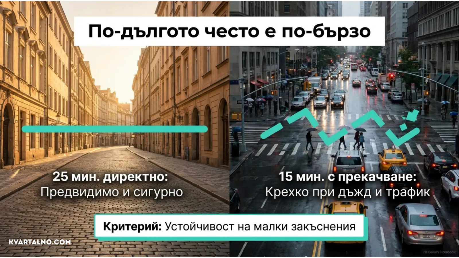 Сравнение на 25-минутен директен маршрут до басейн с по-кратък маршрут с прекачване, който е по-уязвим при дъжд и трафик