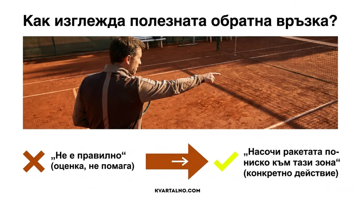 Пример за полезна и конкретна обратна връзка от тенис треньор вместо обща оценка
