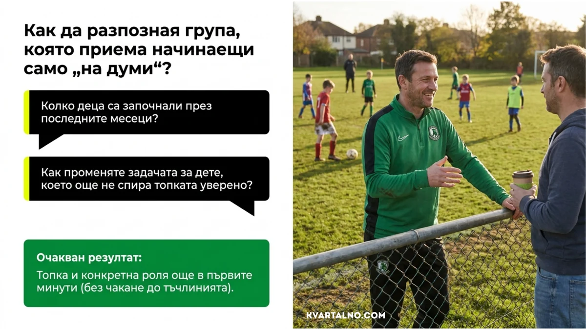 Въпроси за проверка дали футболната група реално приема начинаещи и включва новото дете с топка и конкретна роля