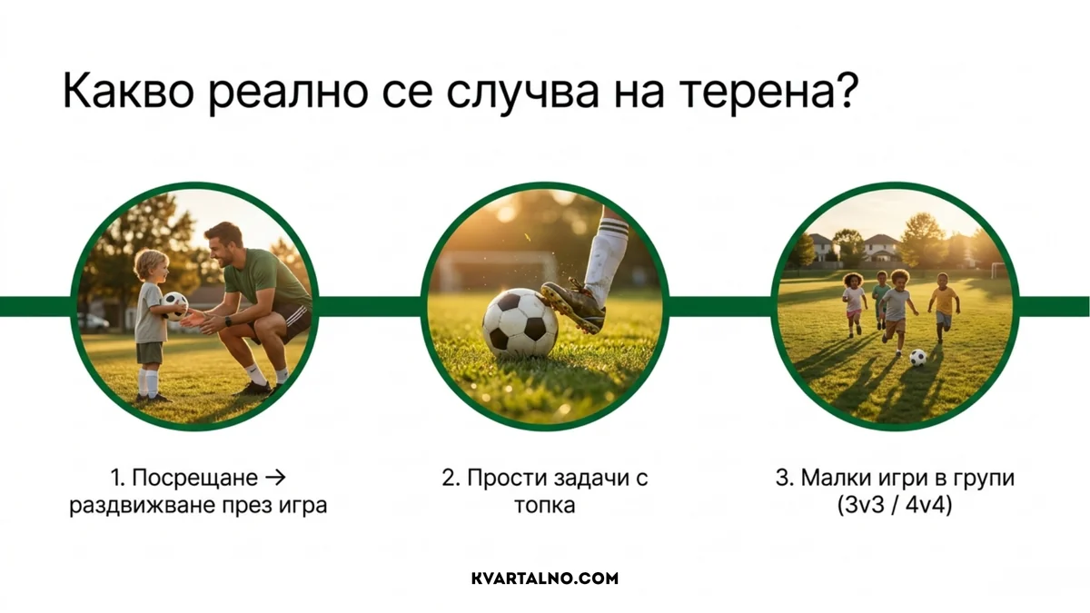 Обичаен ход на първата детска футболна тренировка: посрещане и раздвижване, прости задачи с топка и малки игри в групи