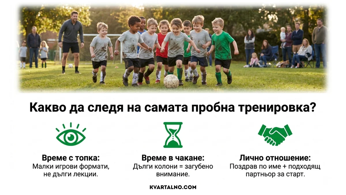 Какво да наблюдавате на пробната футболна тренировка: време с топката, време в чакане и лично отношение към новото дете