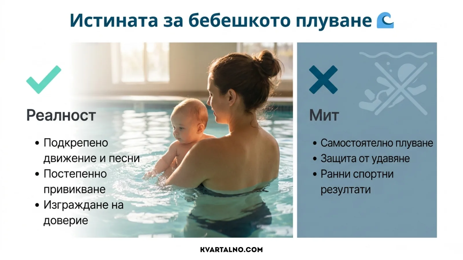 Бебешкото плуване в действителност – подкрепено движение, постепенно привикване и доверие, а не самостоятелно плуване или защита от удавяне