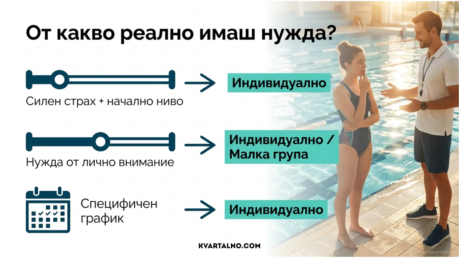 Кога да изберете индивидуален треньор по плуване при страх, нужда от лично внимание или специфичен график