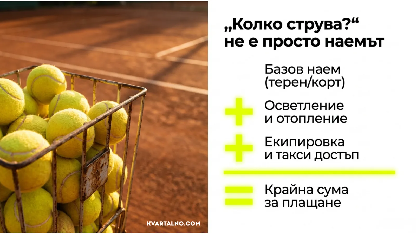 Формула за крайна цена на спортно място с базов наем, осветление, отопление, екипировка и такси за достъп