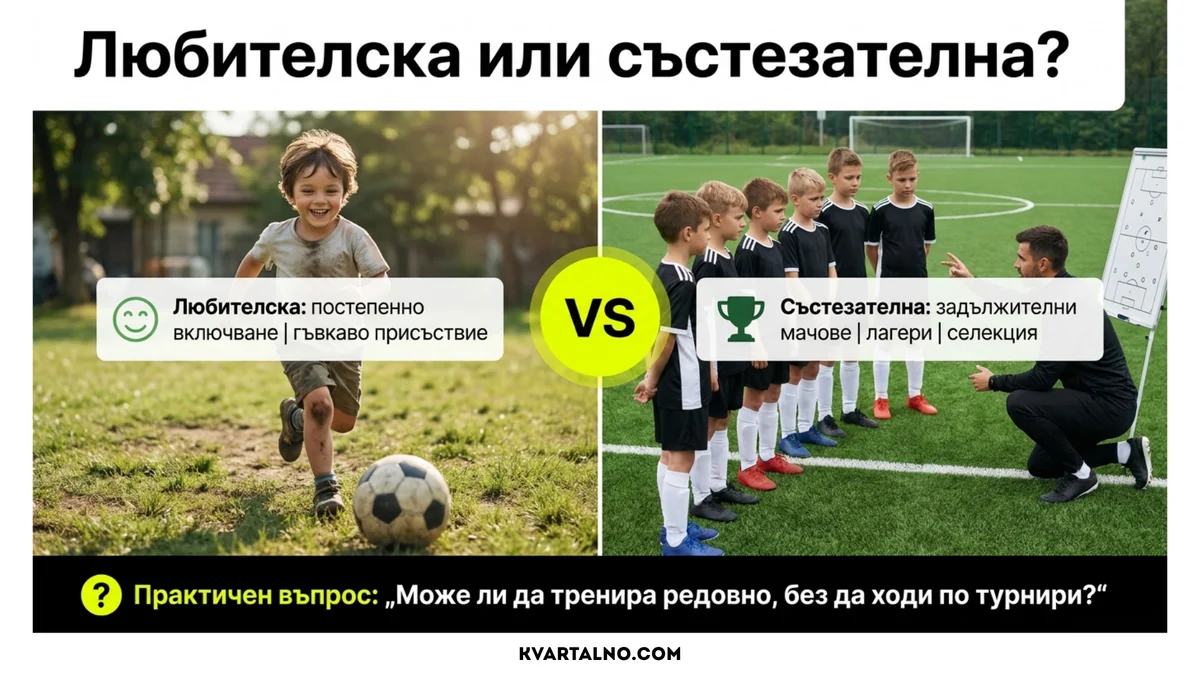 Сравнение между любителска и състезателна футболна програма за деца според присъствие, мачове, лагери и селекция