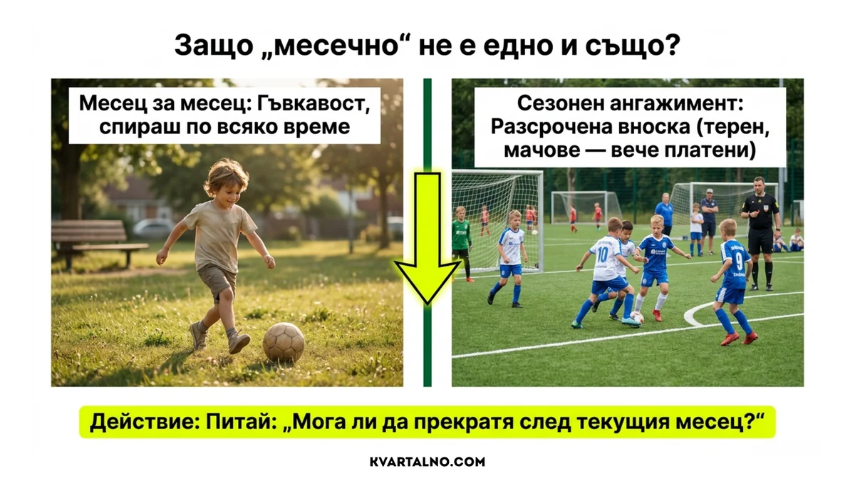 Сравнение между месечна такса с гъвкаво прекратяване и сезонен ангажимент с разсрочено плащане за детски футбол