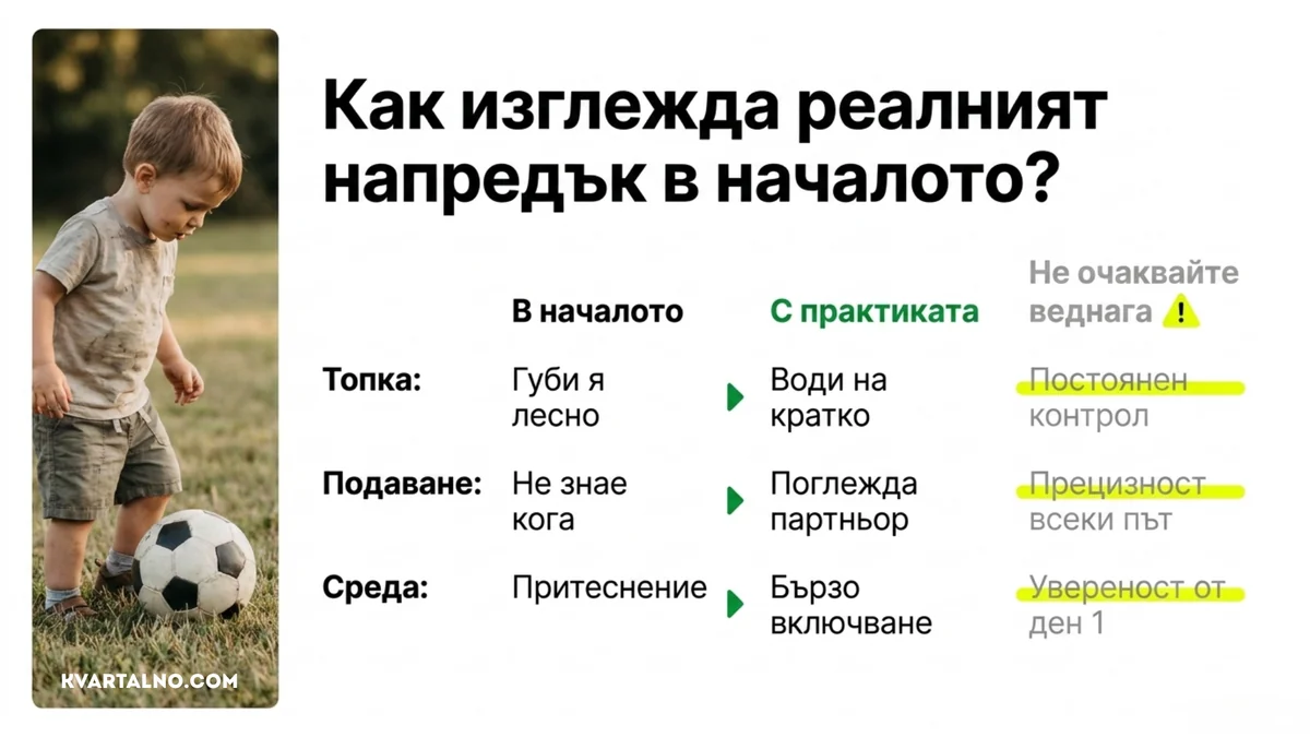 Реалният напредък на начинаещото дете във футбола: кратко водене на топката, поглед към партньора и по-бързо включване в групата