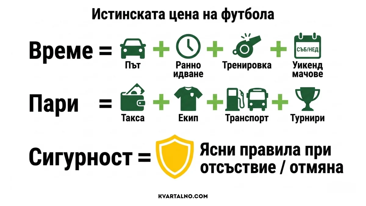 Пълната цена на детската футболна школа включва време за път и мачове, такса, екип, транспорт, турнири и условия при отсъствие