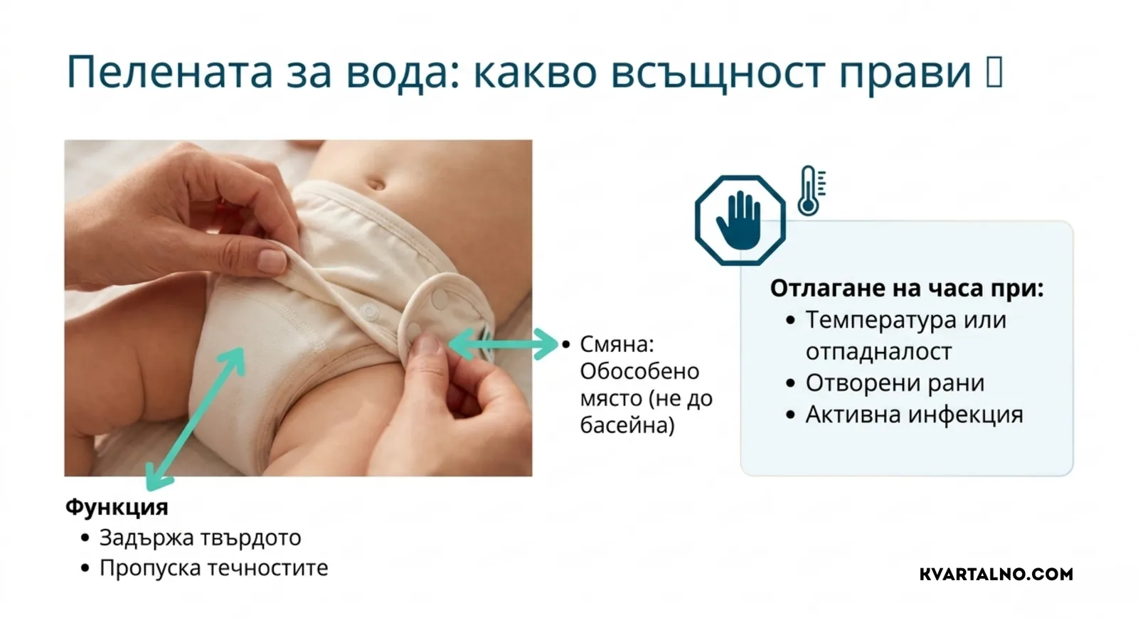 Какво прави пелената за вода, къде трябва да се сменя и кога бебешкото плуване трябва да се отложи