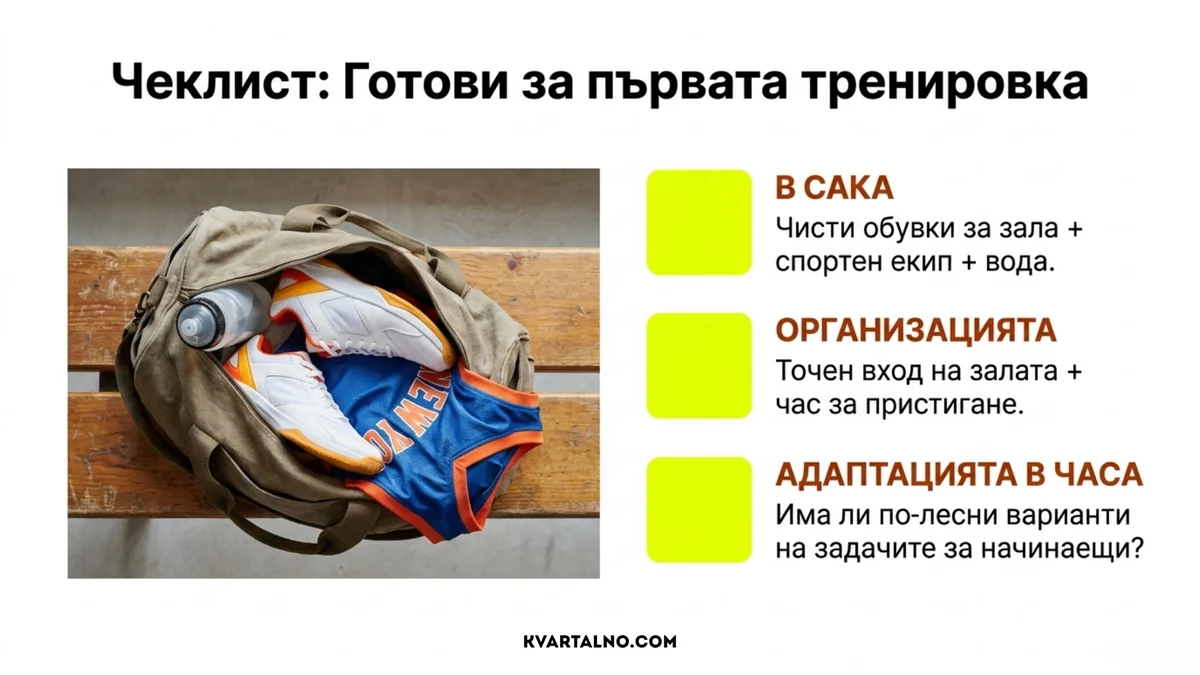 Чеклист за първа тренировка по баскетбол: чисти обувки за зала, спортен екип, вода, точен вход и по-лесни задачи за начинаещи
