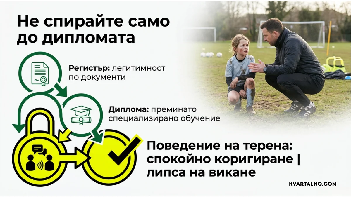 Проверката на детски футболен треньор включва държавния регистър, специализираното обучение и поведението му на терена