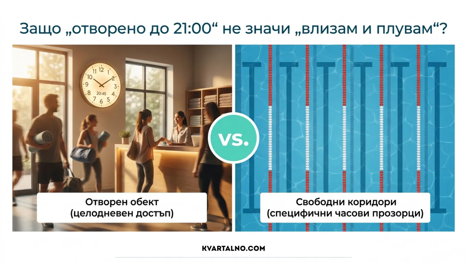 Разлика между работното време на басейна и часовете със свободни коридори за плуване