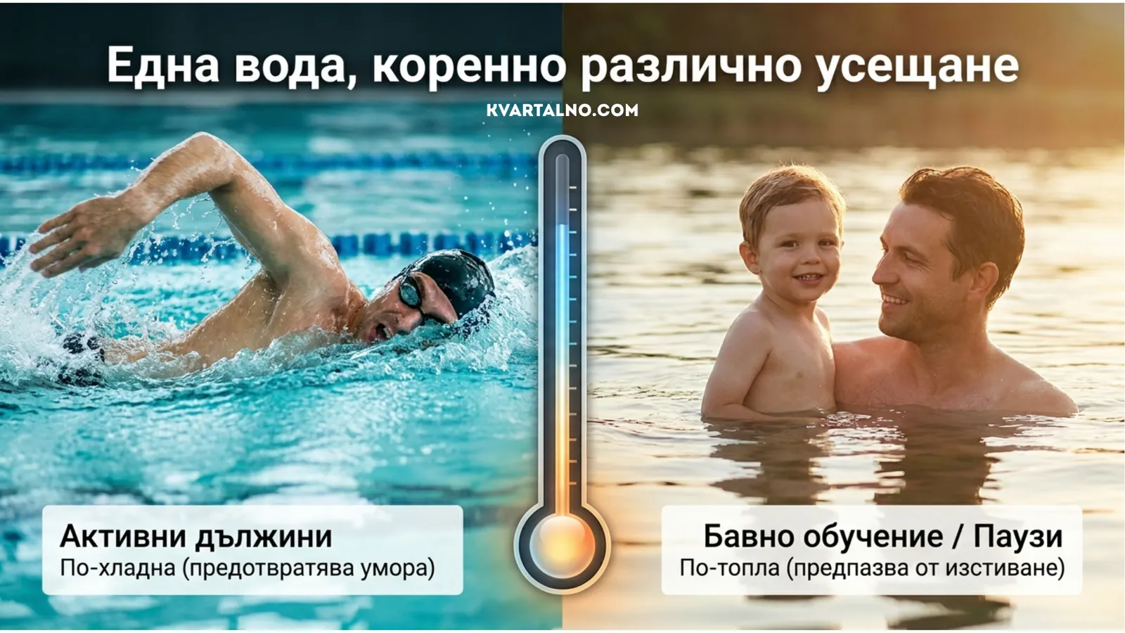 Сравнение на по-хладна вода за активно плуване и по-топла вода за обучение с паузи