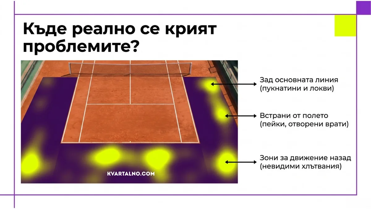 Проблемни зони за оглед на тенис корт зад основната линия и отстрани на игралното поле