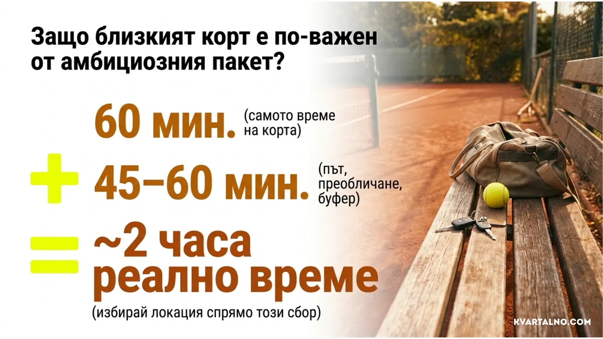 Реалното време за урок по тенис включва времето на корта, пътуване, преобличане и резерв