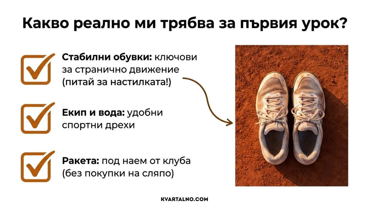 Необходимото за първи урок по тенис: стабилни обувки, удобни спортни дрехи, вода и предоставена ракета
