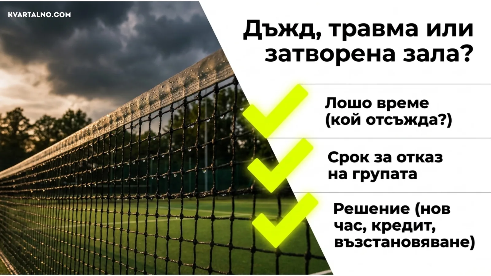 Какво да проверите при отмяна на спортна резервация заради лошо време, травма или затворено място