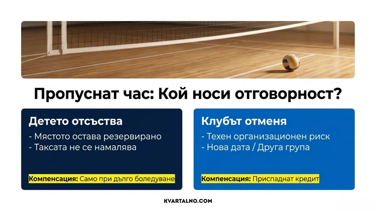 Разлика между отсъствие на детето и отменена от клуба волейболна тренировка и възможните компенсации