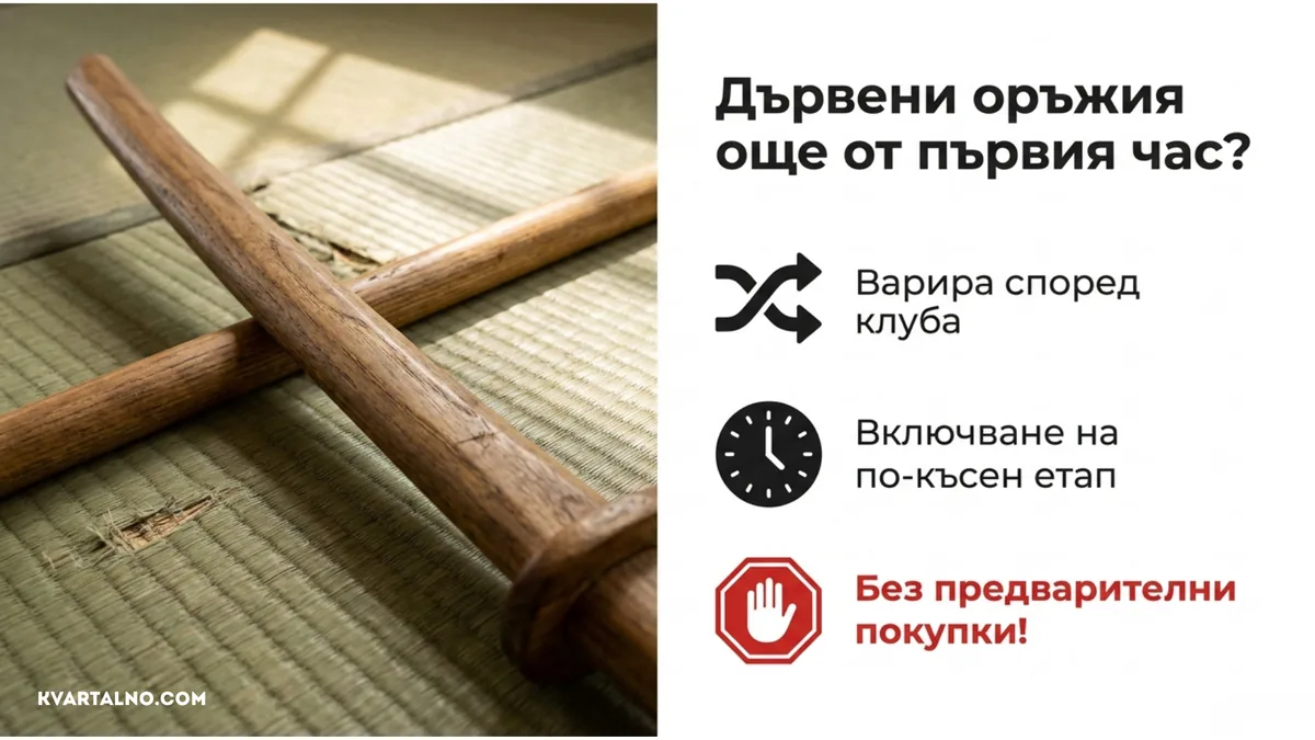 Инфографика за дървените тренировъчни оръжия в айкидо: включването им зависи от клуба и не изисква предварителна покупка