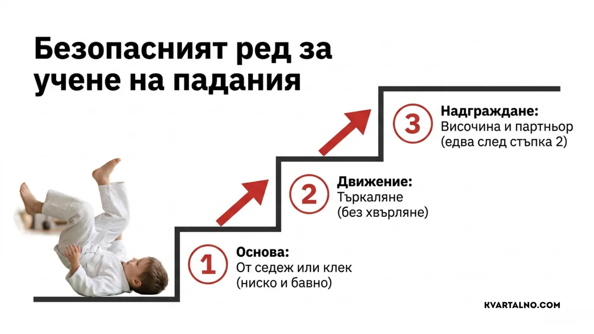 Безопасна последователност за учене на падания в детското айкидо от ниска основа през търкаляне до работа с партньор