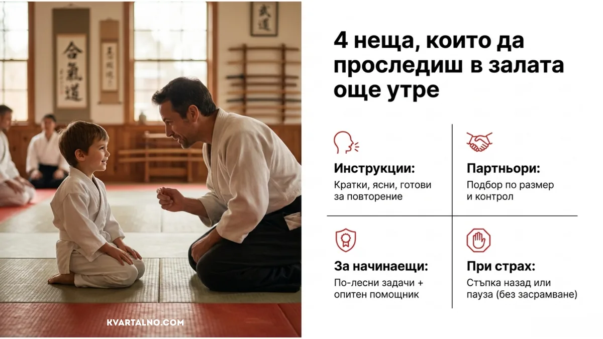 Четири признака за добра детска група по айкидо: ясни инструкции, подходящи партньори, помощ за начинаещи и спокойна реакция при страх