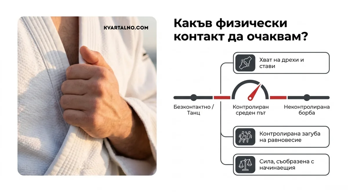 Инфографика за физическия контакт в айкидо: хват на дрехи и стави, контролирана загуба на равновесие и сила според начинаещия