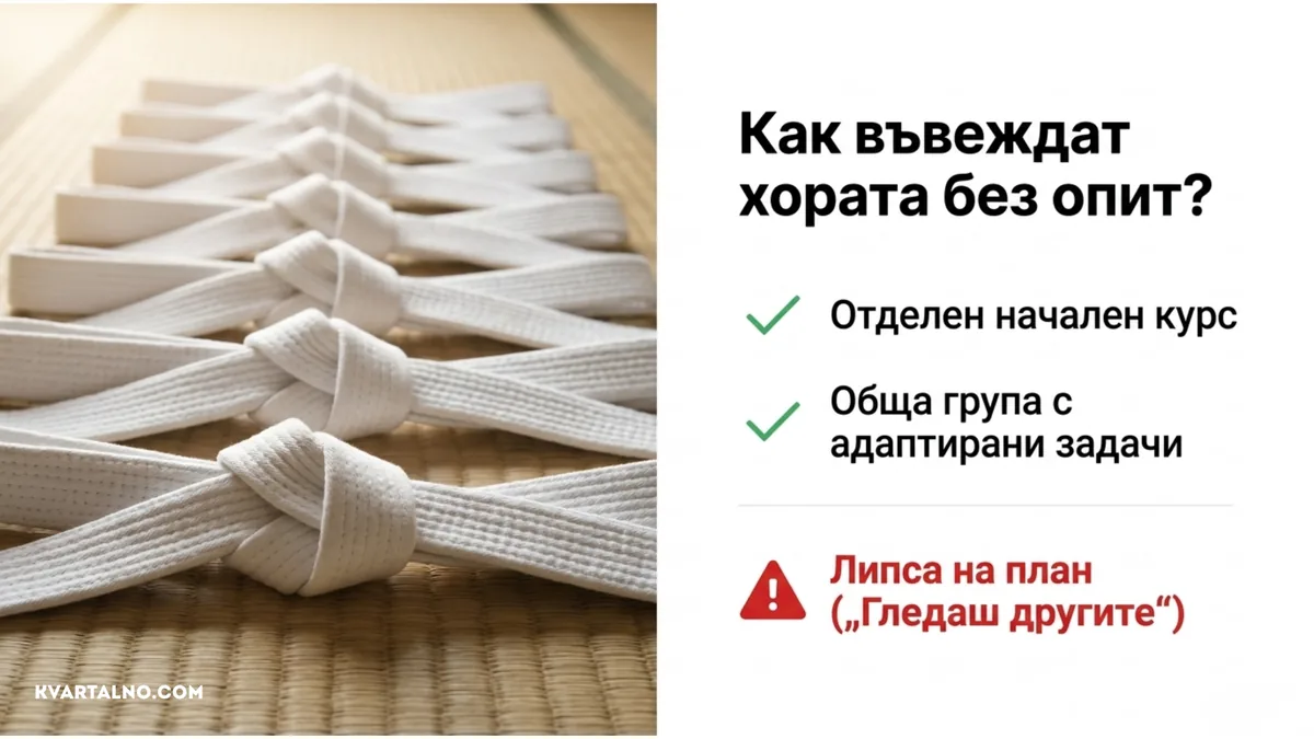 Инфографика за въвеждането на начинаещи в айкидо чрез отделен начален курс или обща група с адаптирани задачи