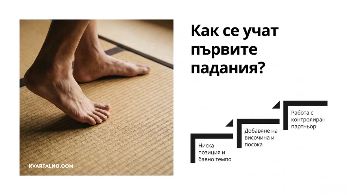 Инфографика за прогресията при първите падания в айкидо: ниска позиция и бавно темпо, после височина, посока и контролиран партньор