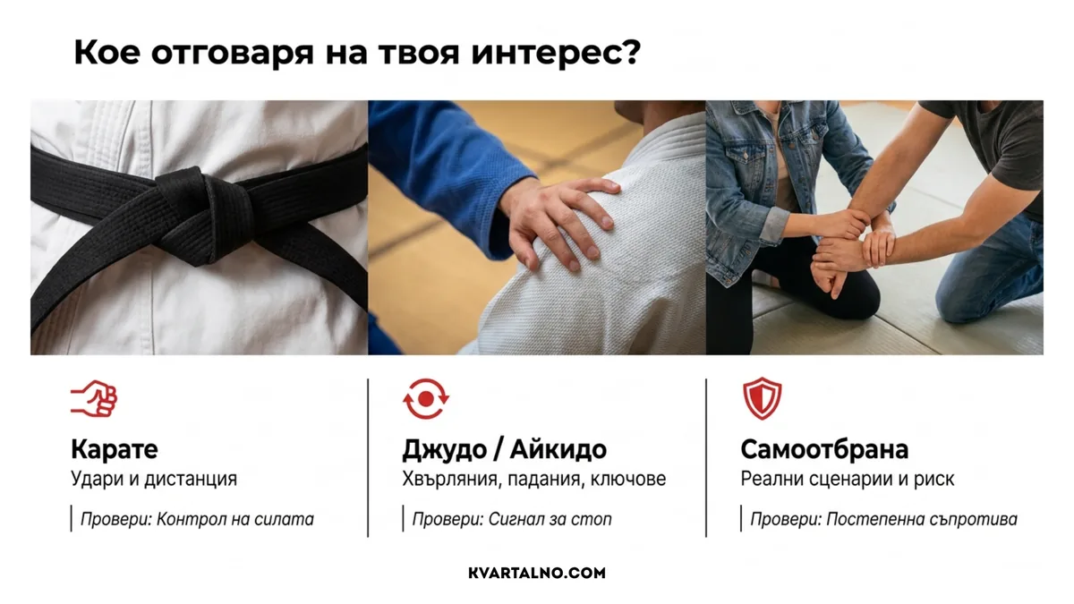 Сравнение на карате, джудо, айкидо и самоотбрана според основните задачи и важните проверки за начинаещи
