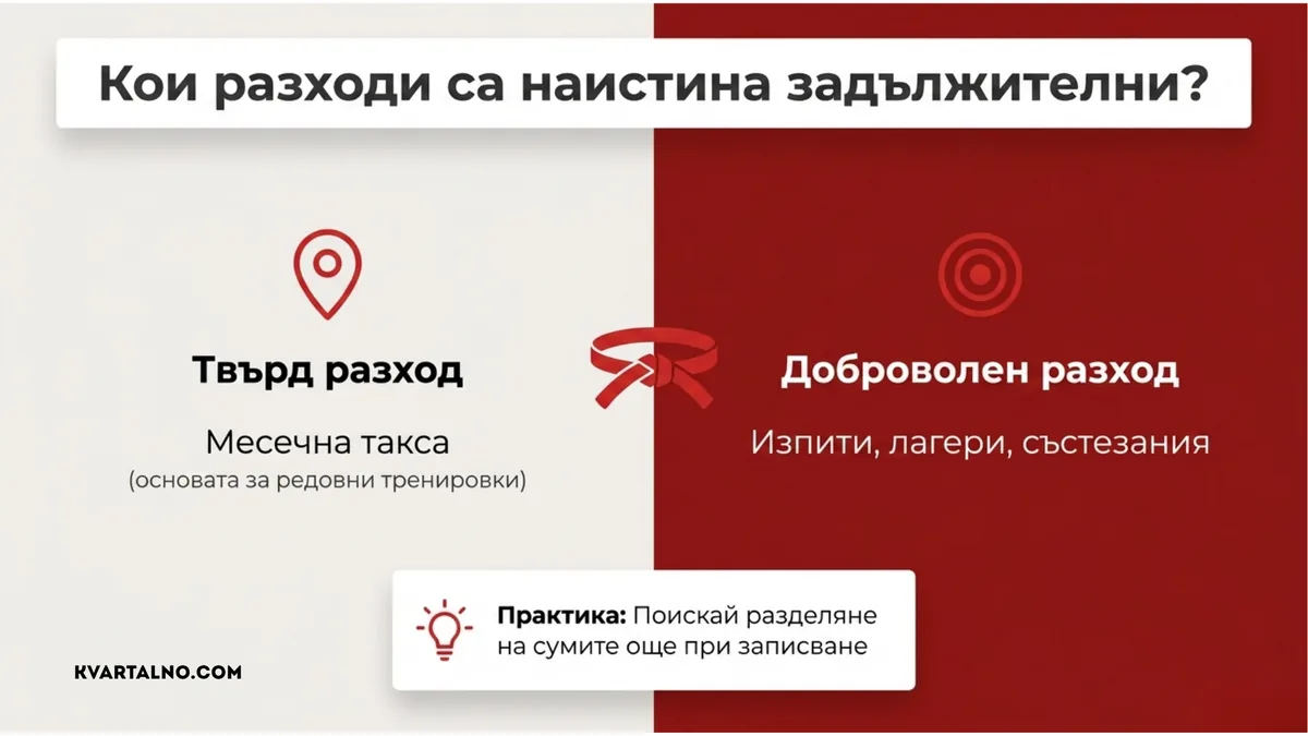 Разлика между задължителната месечна такса и доброволните разходи за изпити, лагери и състезания при бойните спортове