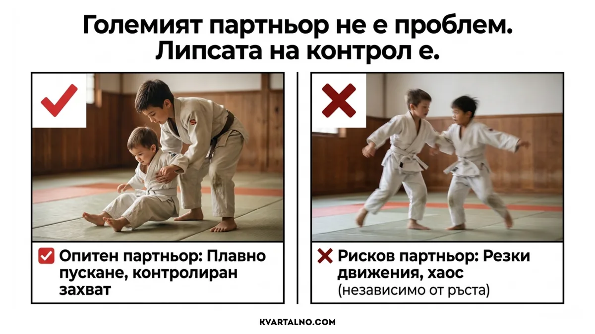Инфографика за партньорите в детското джудо: опитният партньор контролира движението, а рисковият използва резки и хаотични действия