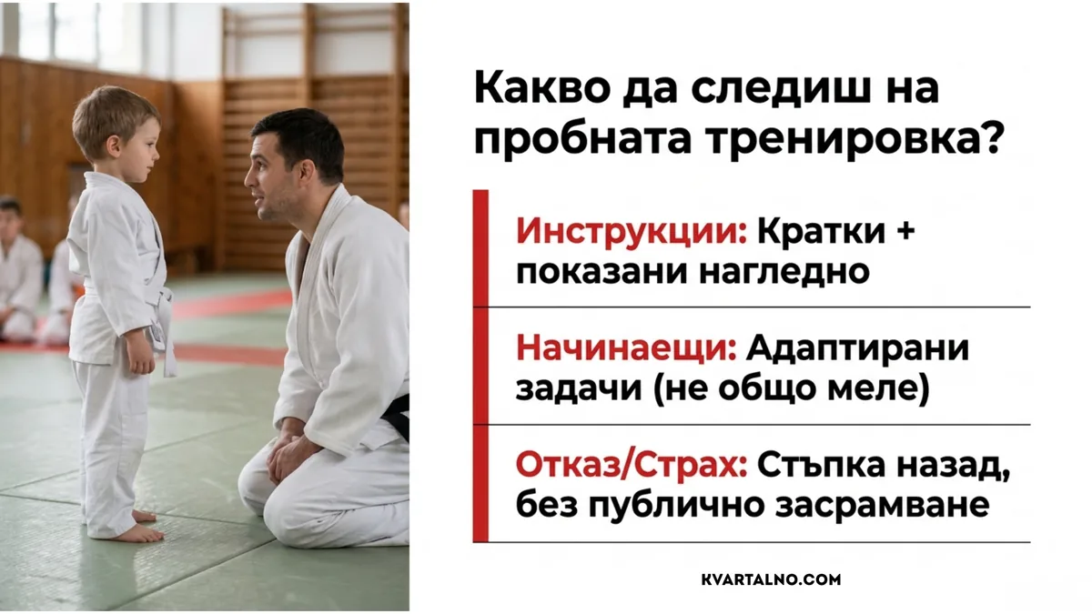 Инфографика какво да наблюдава родителят на пробна тренировка по джудо: ясни инструкции, адаптирани задачи и спокоен отговор при страх