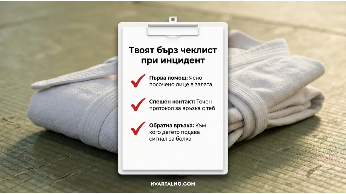 Инфографика с родителски чеклист при инцидент в детско джудо: първа помощ, спешен контакт и човек за обратна връзка при болка