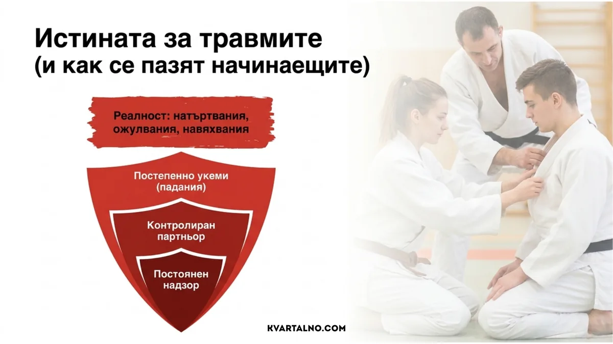 Инфографика за честите леки травми в джудо и ограничаването на риска чрез укеми, контролиран партньор и постоянен надзор