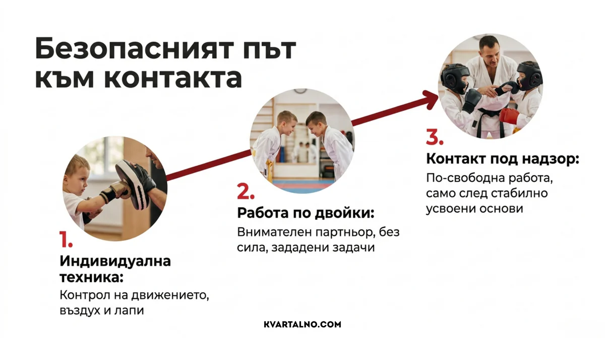 Инфографика за безопасното постепенно въвеждане на контакт в детското карате
