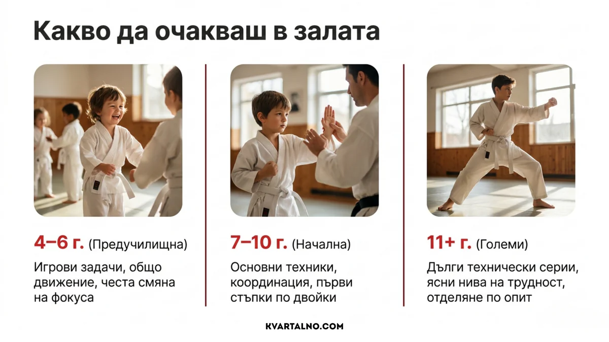 Инфографика как се променя тренировката по карате за деца според възрастовия етап