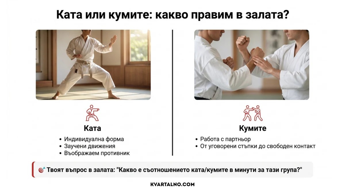 Инфографика за разликата между ката и кумите в тренировката по карате