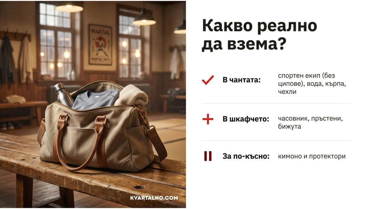 Какво да вземем за първа тренировка по бойни спортове: спортни дрехи, вода, кърпа и чехли, без бижута и часовник